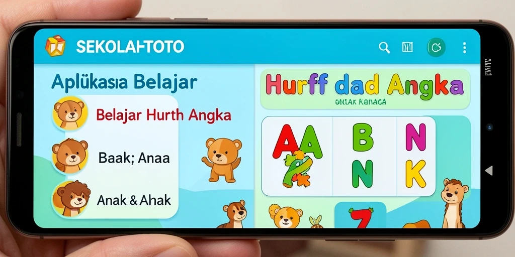Tampilan antarmuka SEKOLAHTOTO yang interaktif untuk belajar huruf dan angka